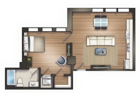 Floor plan for 1 bed, 1 bath, 737 sqft